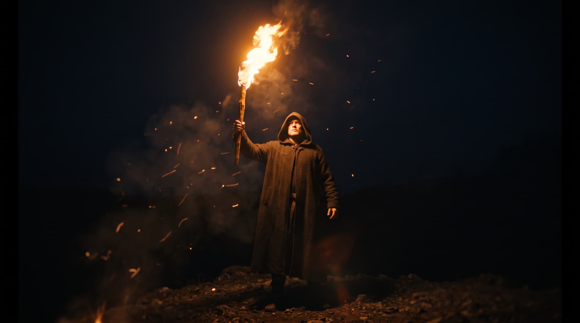 A torchbearer raising fire against the dark